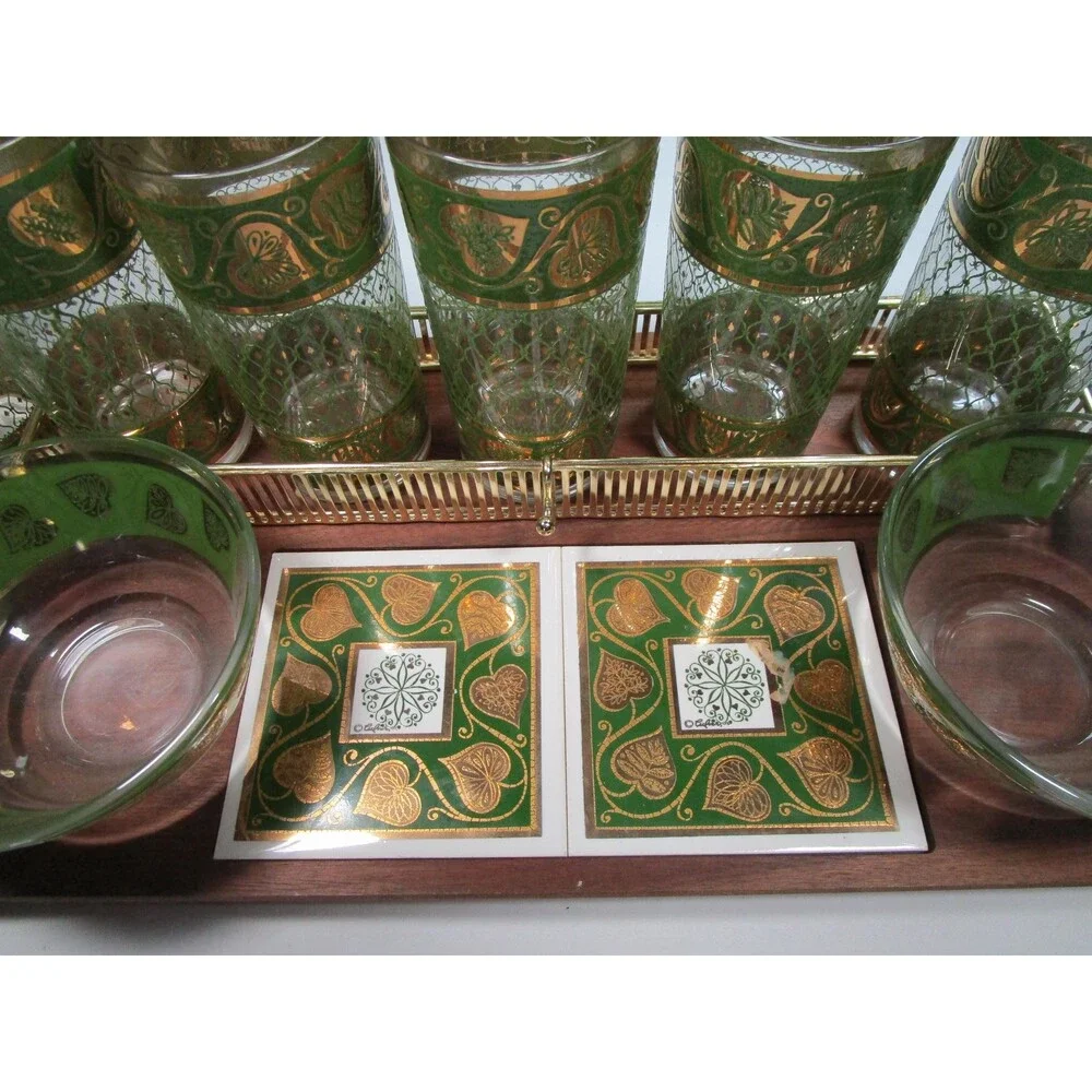 1960s Culver Highball Set, 8 Tumblers, 2 Bowls, Wood Tray, 22k Gold
